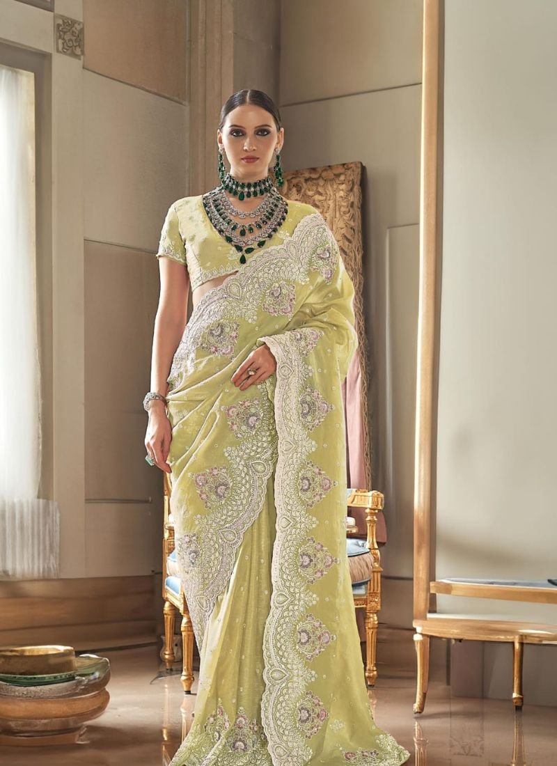 Exquisite hand woven tissue silk saree in yellow