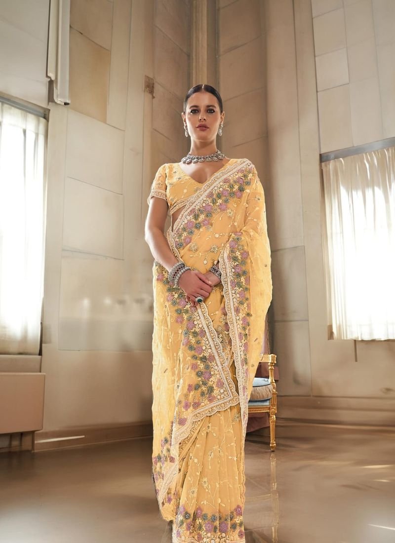 Exquisite hand woven tissue silk saree in orange