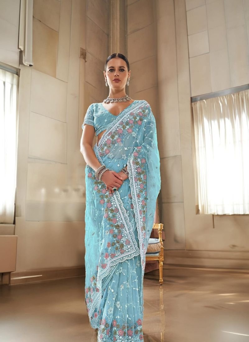 Exquisite hand woven tissue silk saree in blue