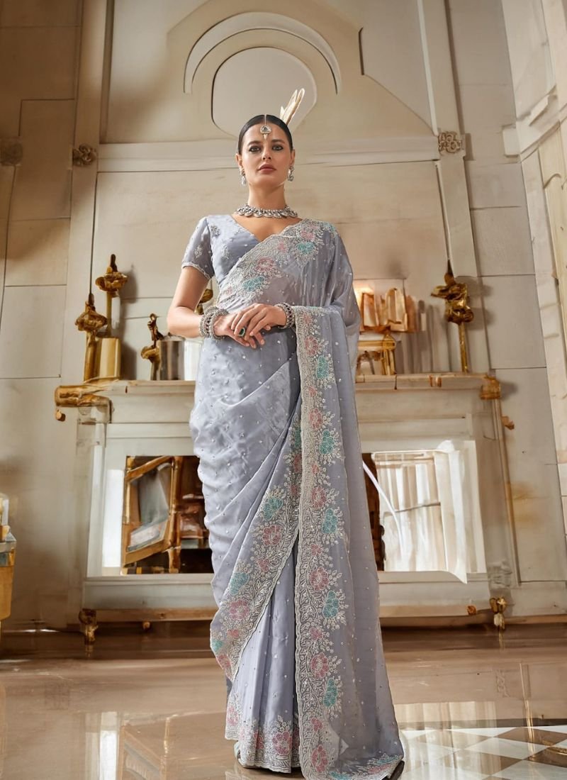 Exquisite hand woven tissue silk saree in grey