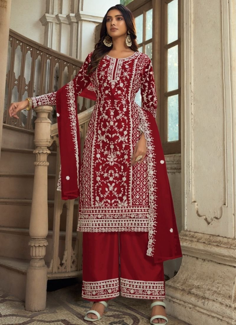 Beautiful heavy embroidered butterfly net kurta palazzo suit in red