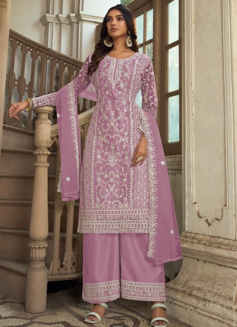 Beautiful heavy embroidered butterfly net kurta palazzo suit in light purple