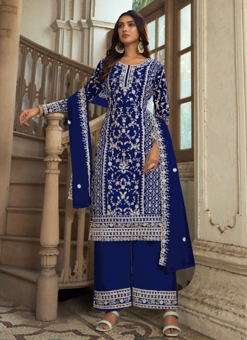 Beautiful heavy embroidered butterfly net kurta palazzo suit in royal blue