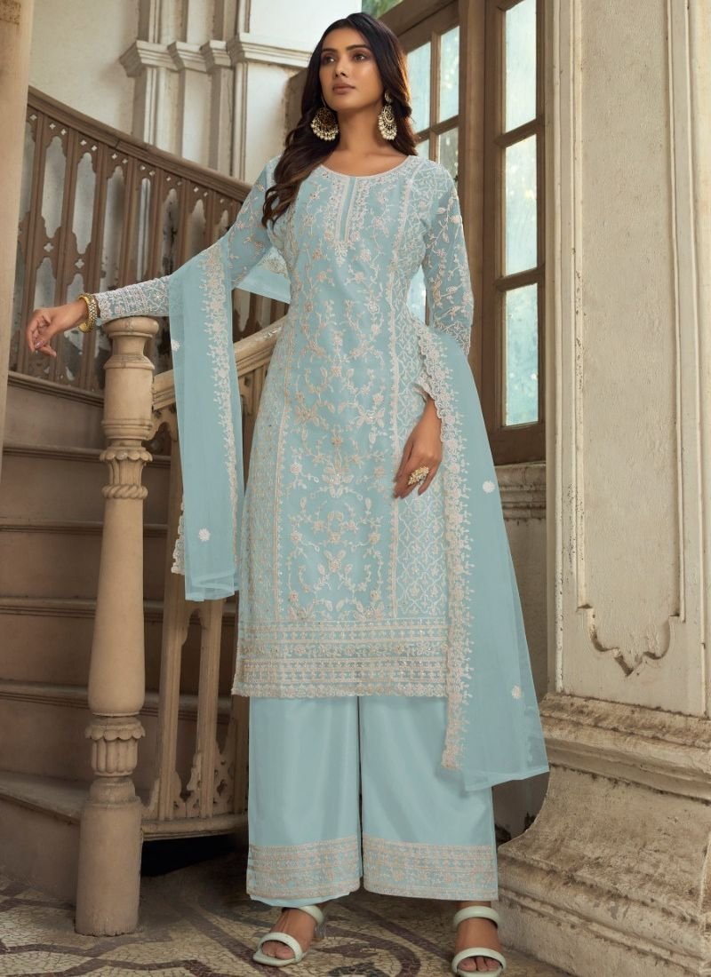 Beautiful heavy embroidered butterfly net kurta palazzo suit in sky blue