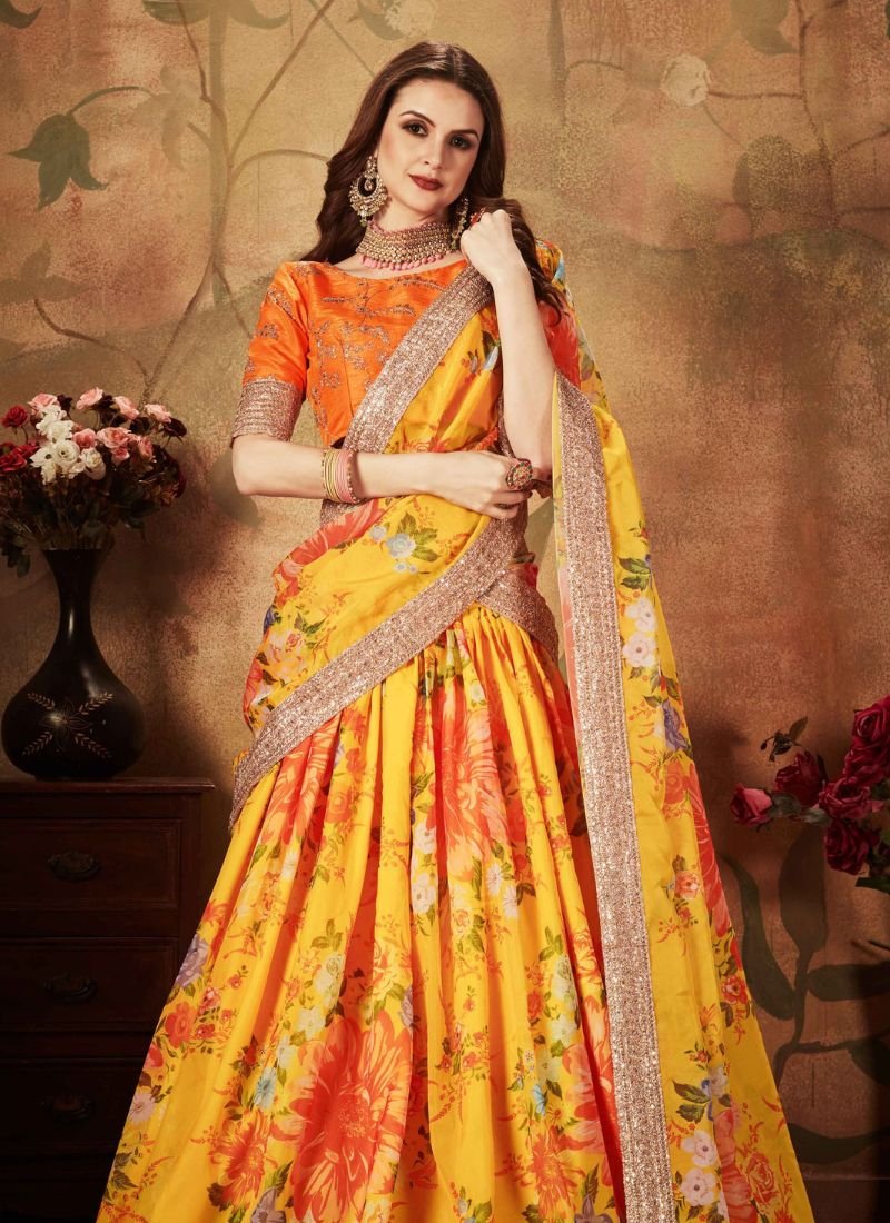 Designer floral printed organza lehenga choli in orange