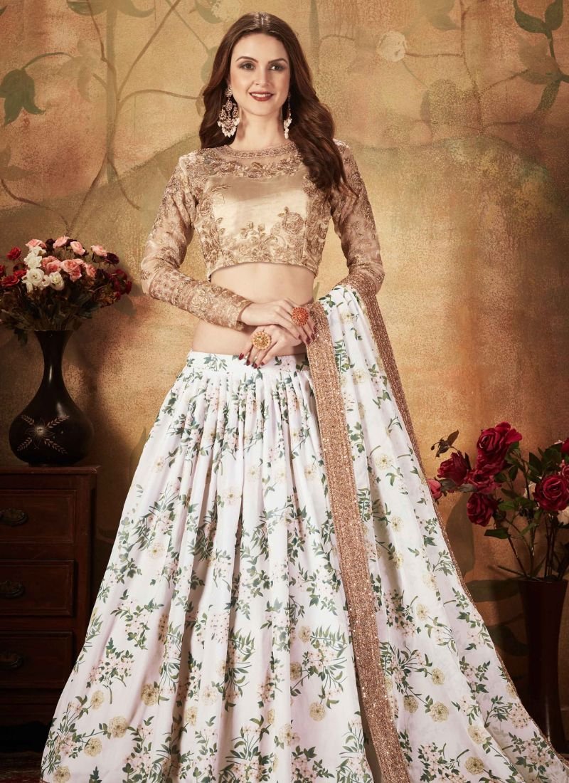 Designer floral printed organza lehenga choli in pearl white