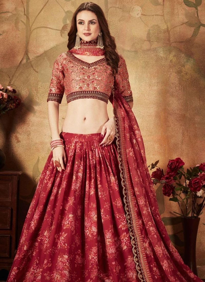 Designer floral printed organza lehenga choli in red