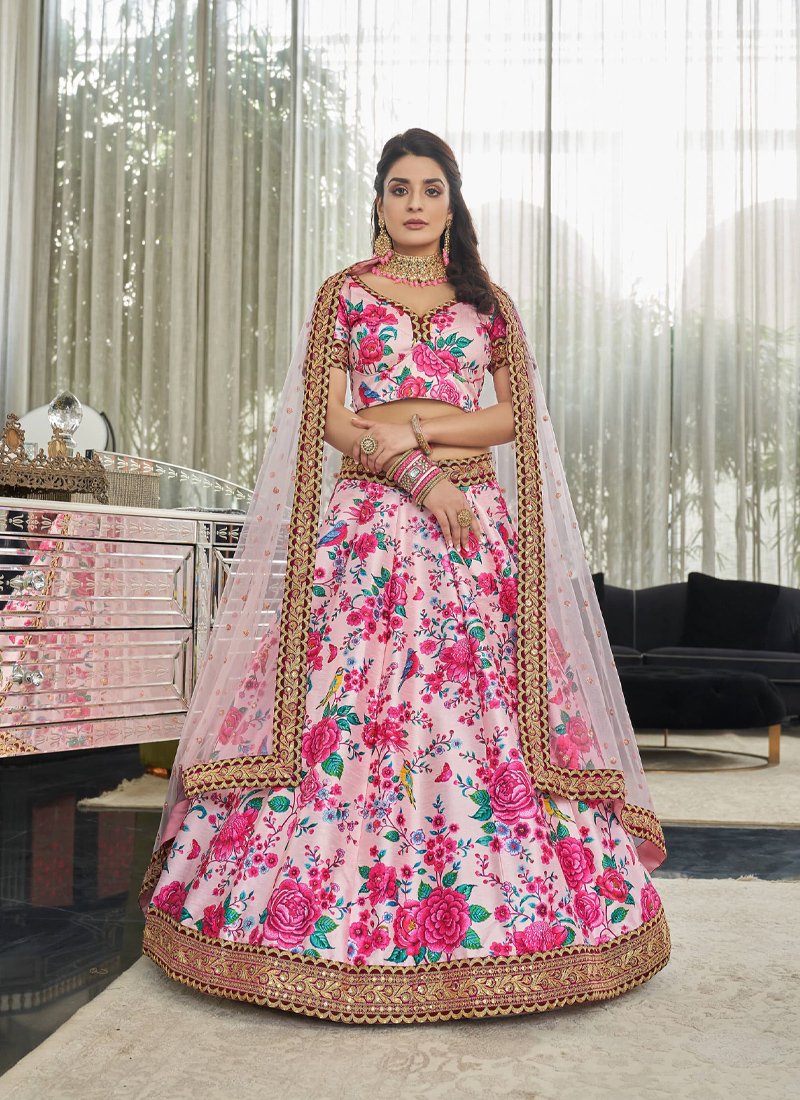 Stylish digital printed chinon lehenga choli in baby pink