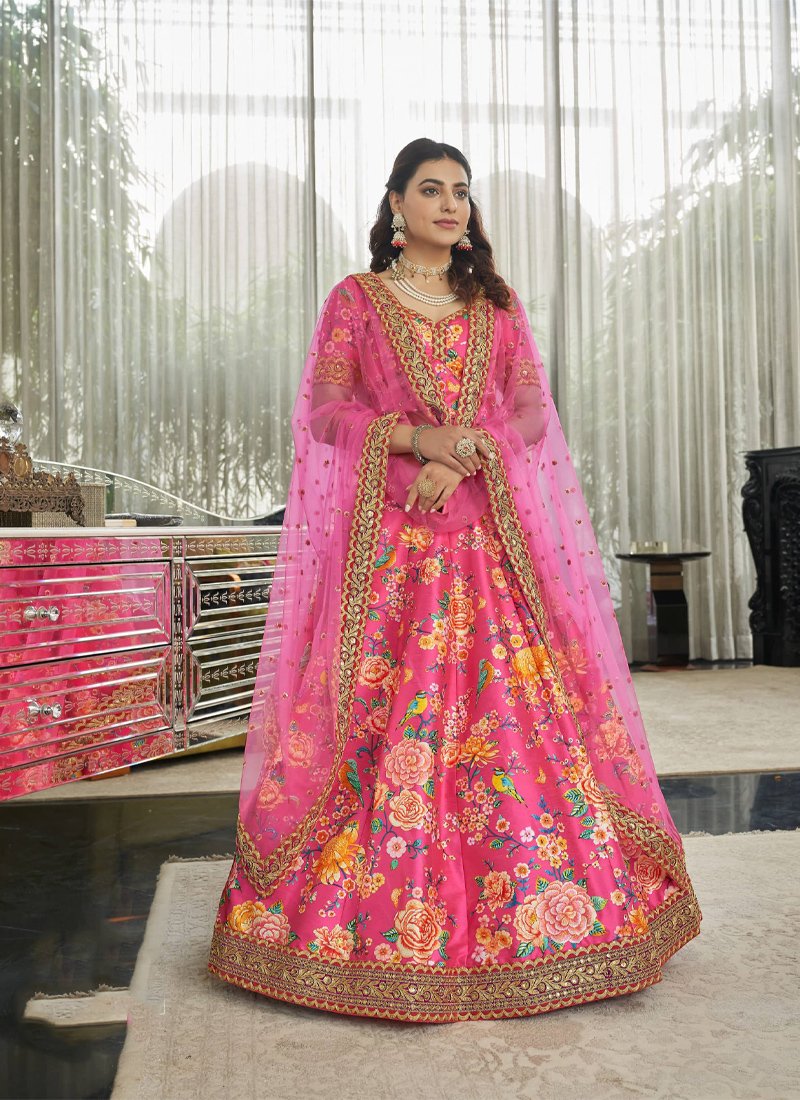 Stylish digital printed chinon lehenga choli in pink