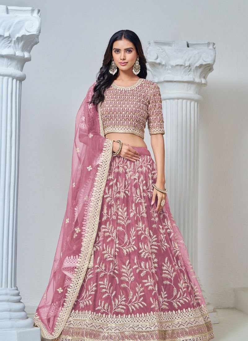 Exquisite heavy thread embroidered net lehenga choli in pink