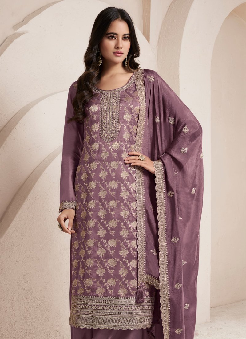 Exquisite Jacquard printed silk salwar suit in purple