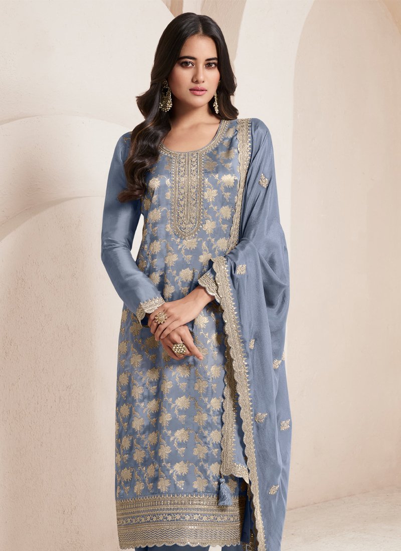 Exquisite Jacquard printed silk salwar suit in blue