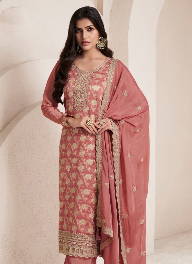 Exquisite Jacquard printed silk salwar suit in peach