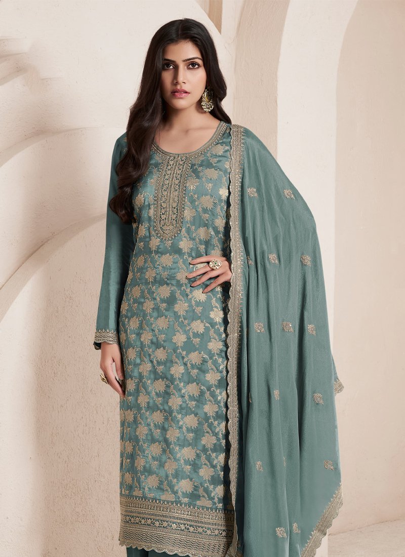 Exquisite Jacquard printed silk salwar suit in green