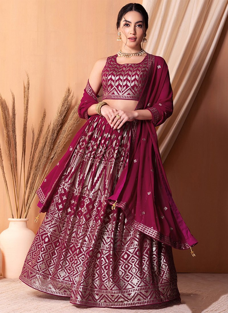 Beautiful thread embroidered georgette lehenga in magenta