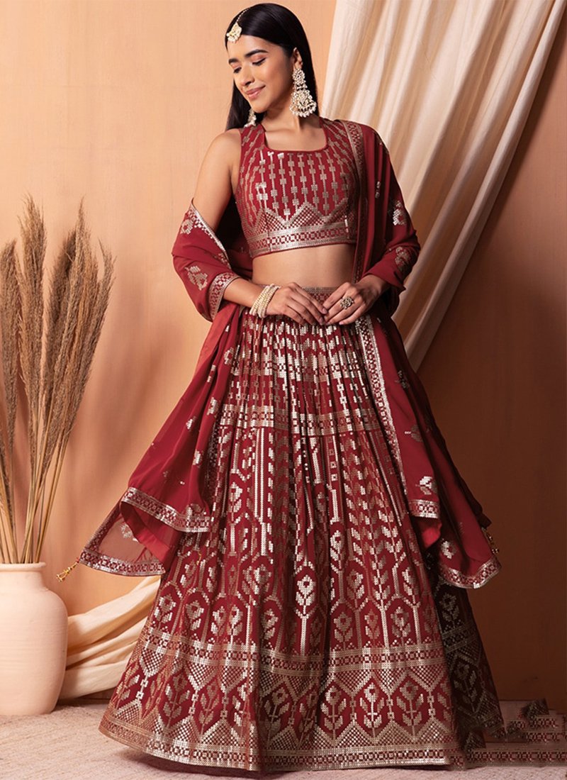 Beautiful thread embroidered georgette lehenga in brown