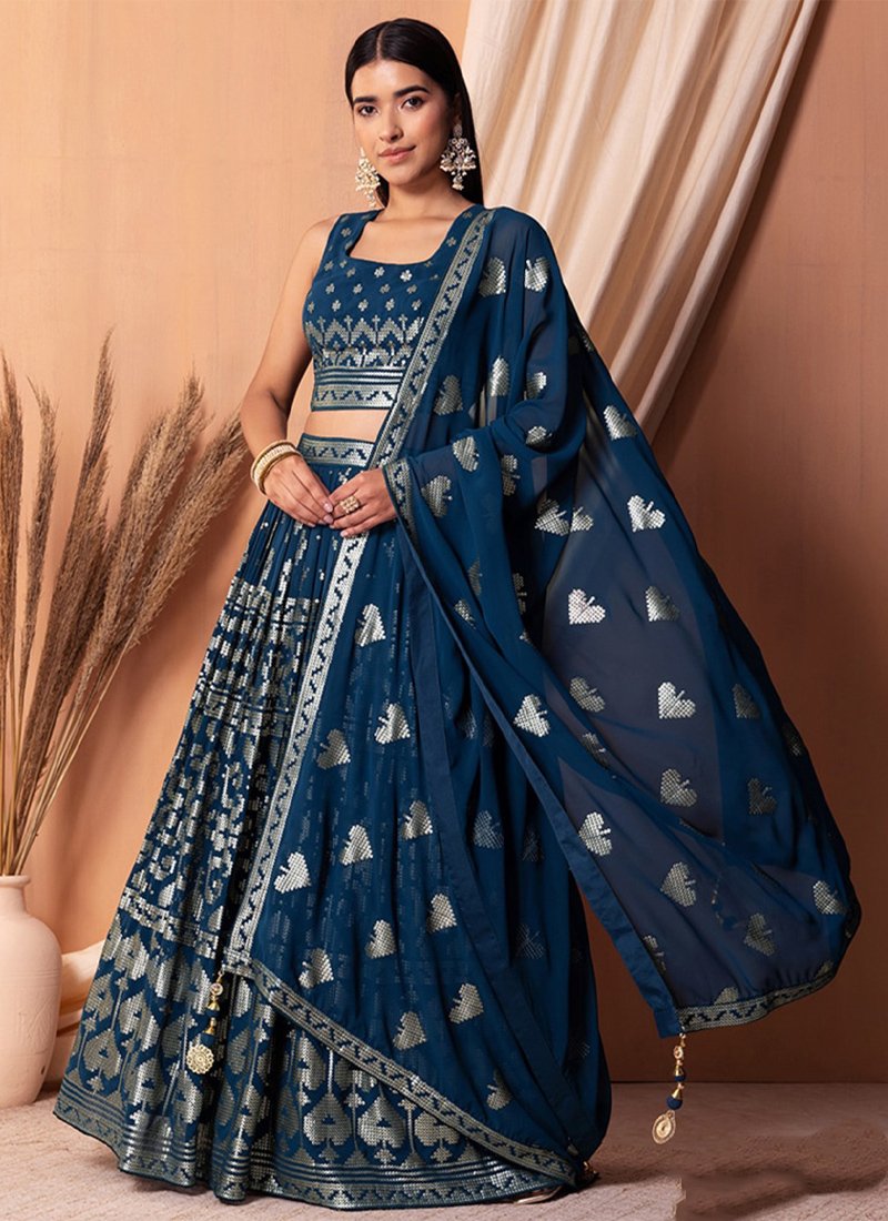 Beautiful thread embroidered georgette lehenga in dark blue