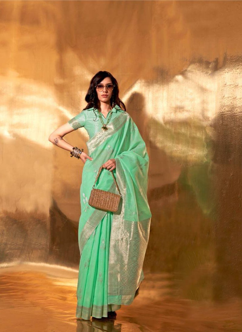 Elegant hand woven linen cotton saree in pastel green