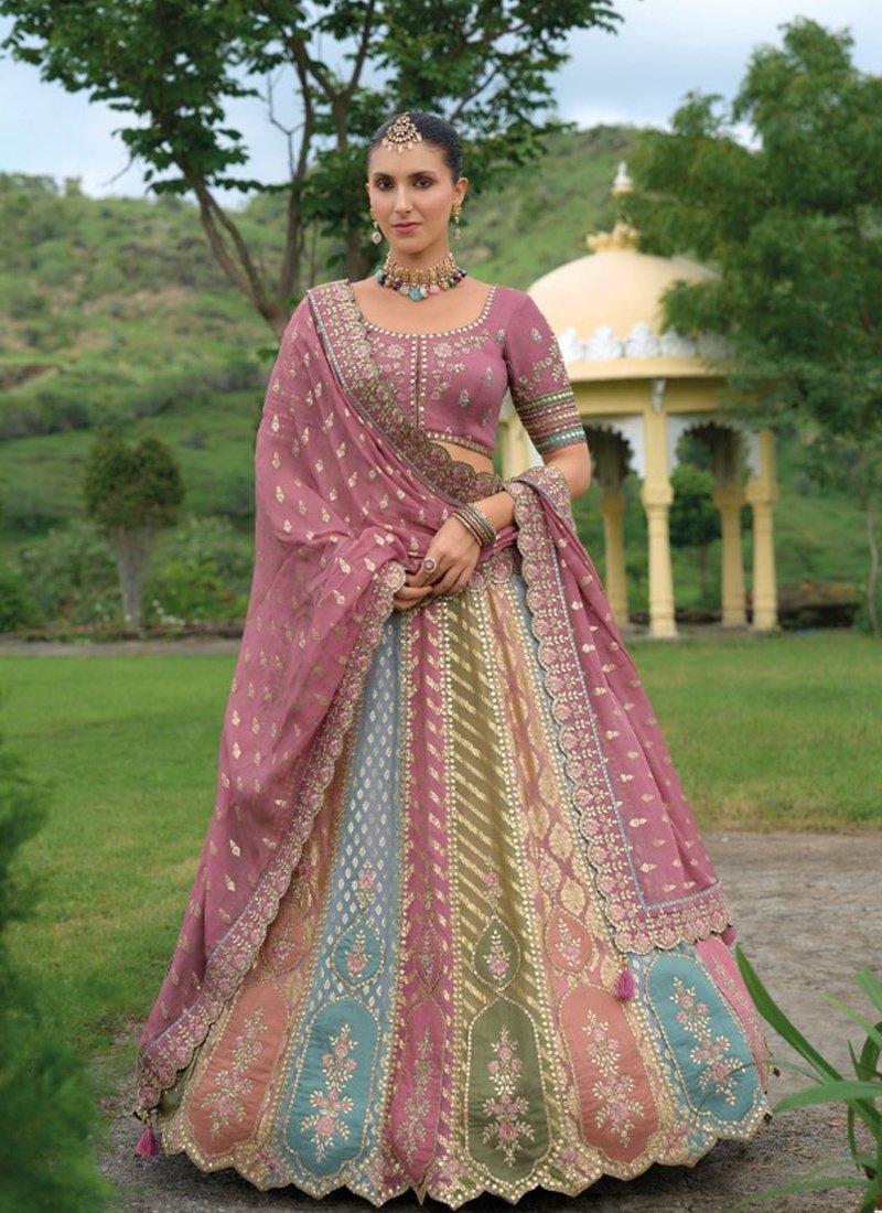 Beautiful printed embroidered silk lehenga in nude pink