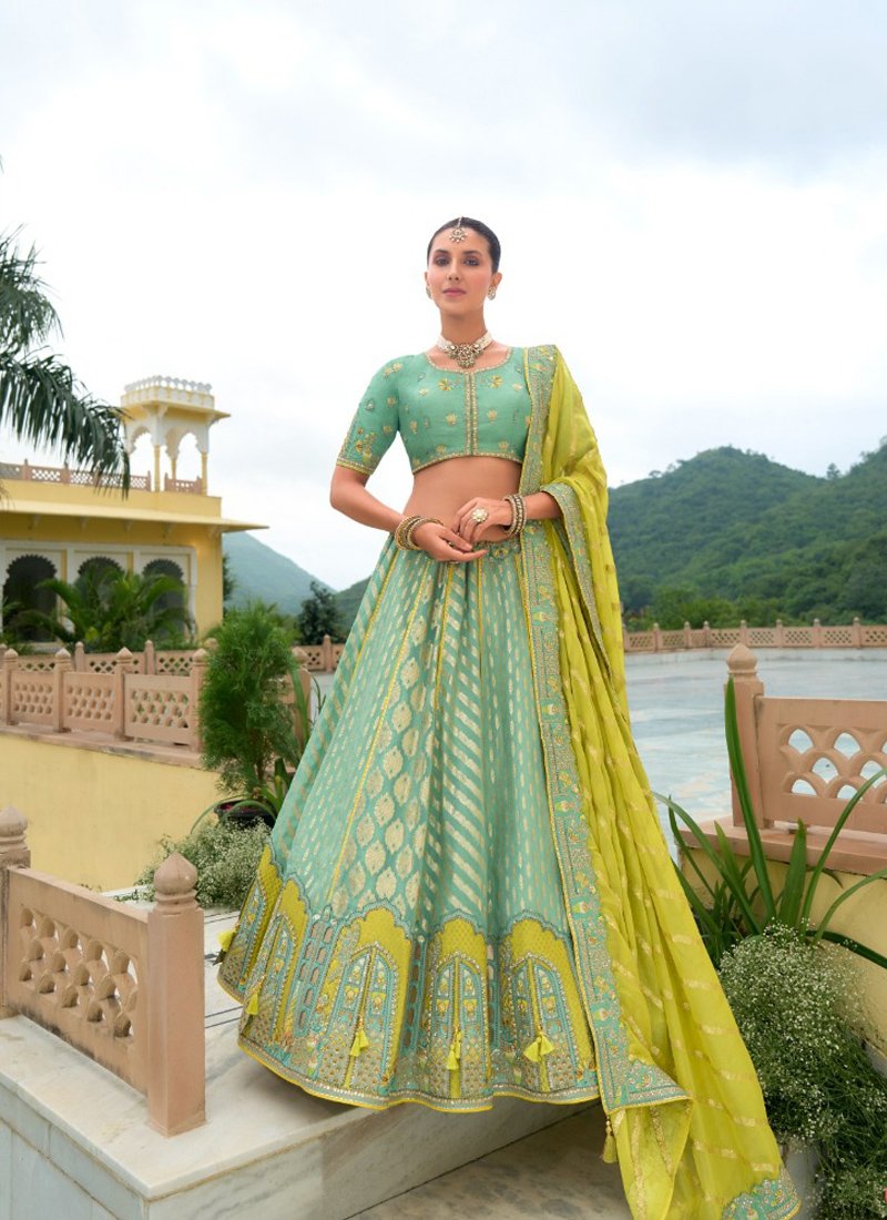 Beautiful printed embroidered silk lehenga in pastel green