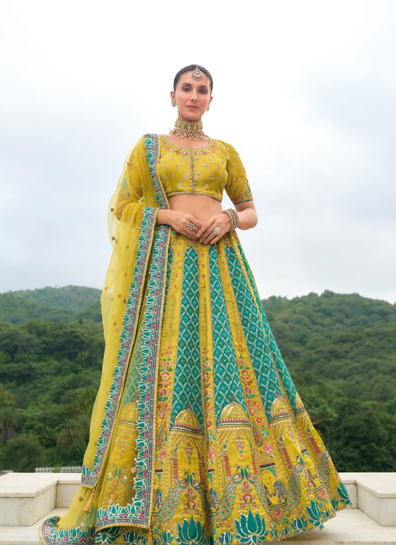 Beautiful printed embroidered silk lehenga in yellow