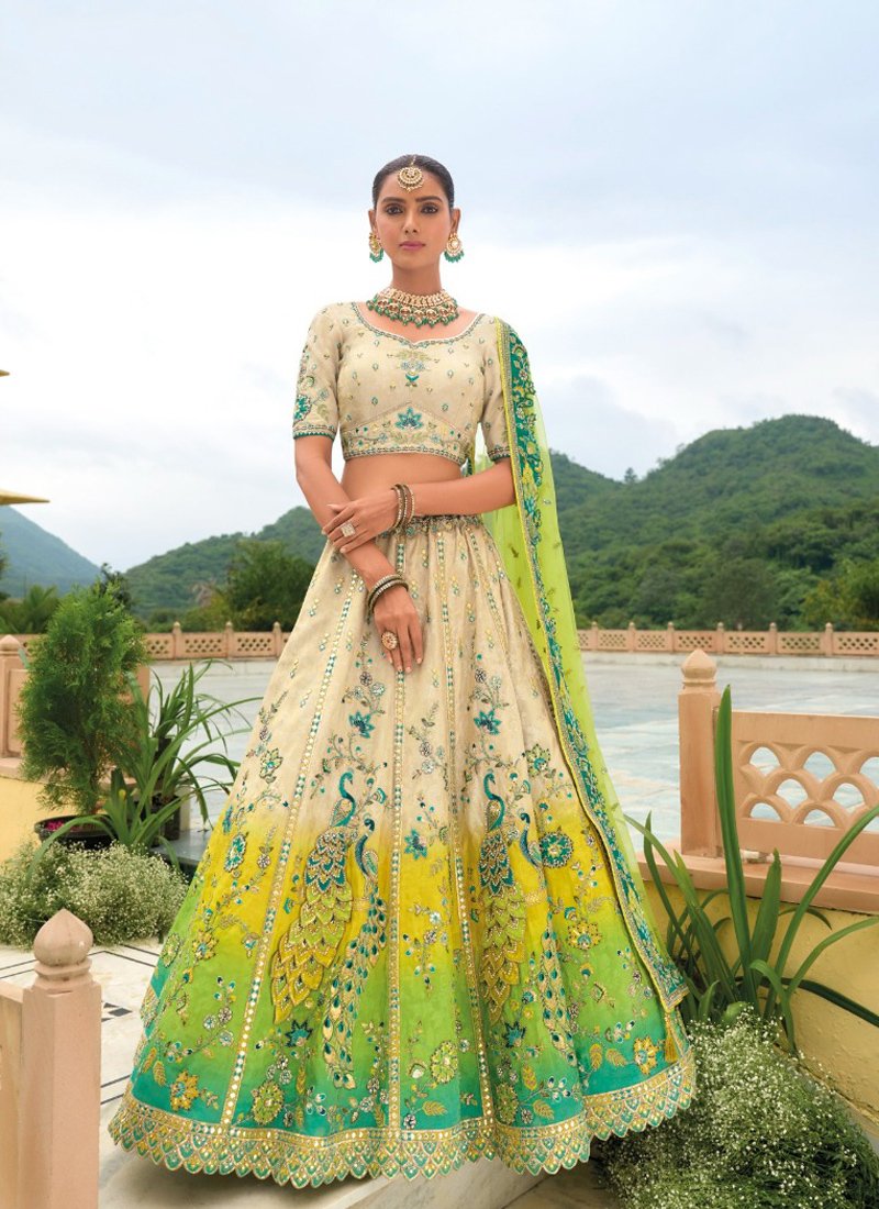 Beautiful printed embroidered silk lehenga in off white