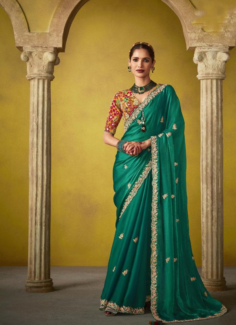 Marvelous thread work satin silk traditional saree with blouse in dark green