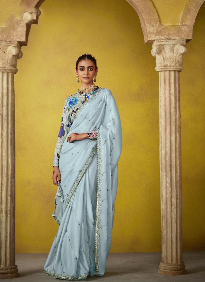 Marvelous thread work satin silk traditional saree with blouse in light blue