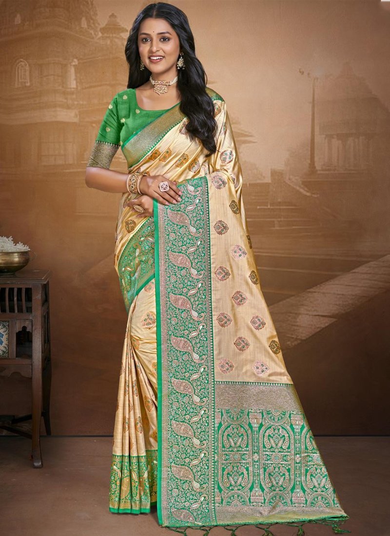 Stunning zari woven silk saree in dark green