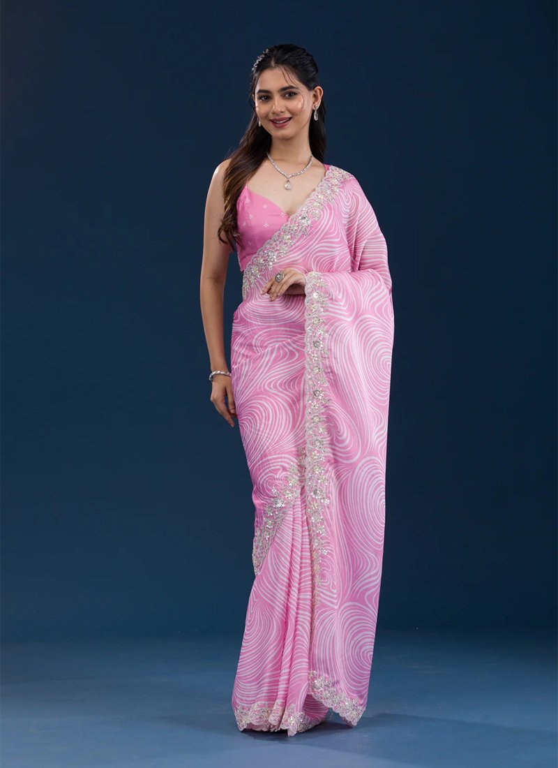 Trendy digital printed georgette saree in pink