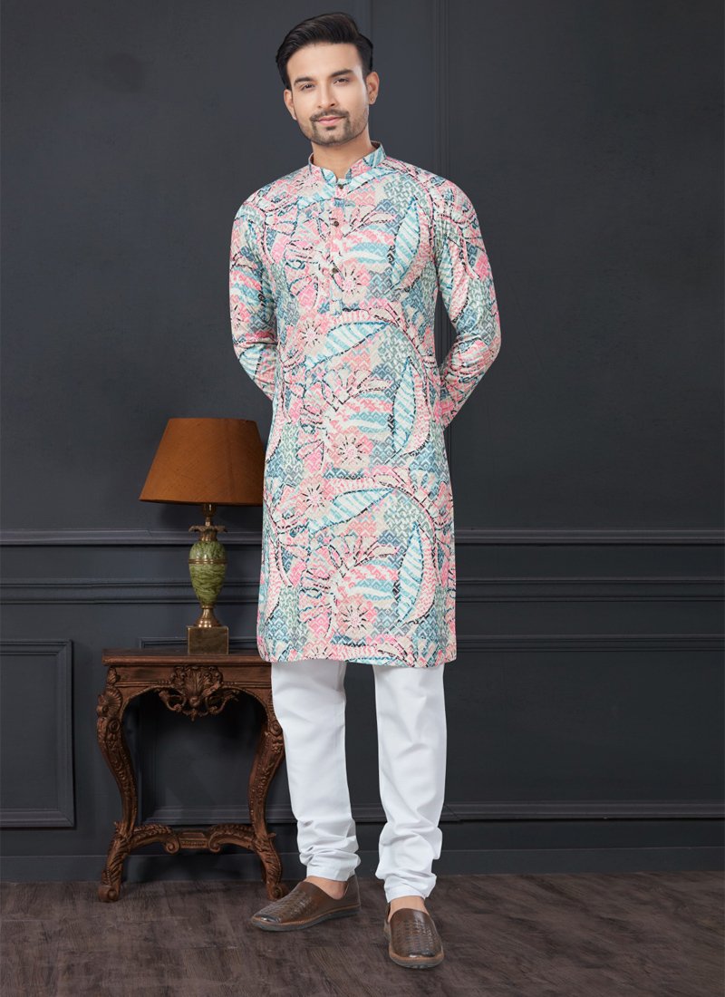 Rayon Straight Cut Printed Men's Kurta Churidar in baby pink