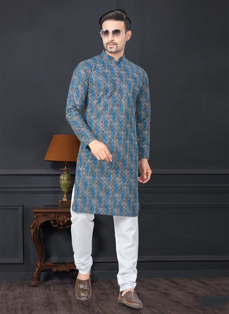 Rayon Straight Cut Printed Men's Kurta Churidar in dark blue