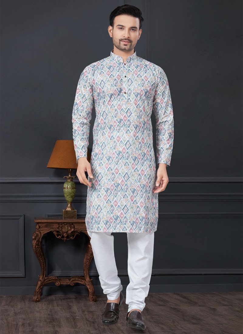 Rayon Straight Cut Printed Men's Kurta Churidar in light blue