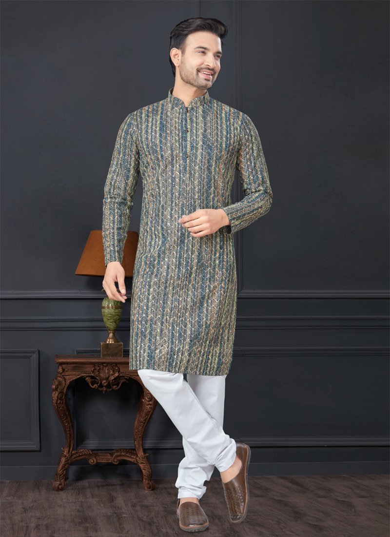 Rayon Straight Cut Printed Men's Kurta Churidar in mehandi green