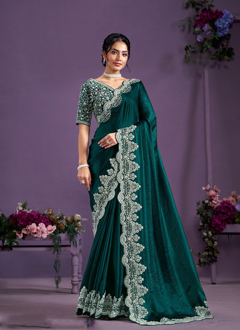 Luxury heavy embroidered satin silk saree in dark green