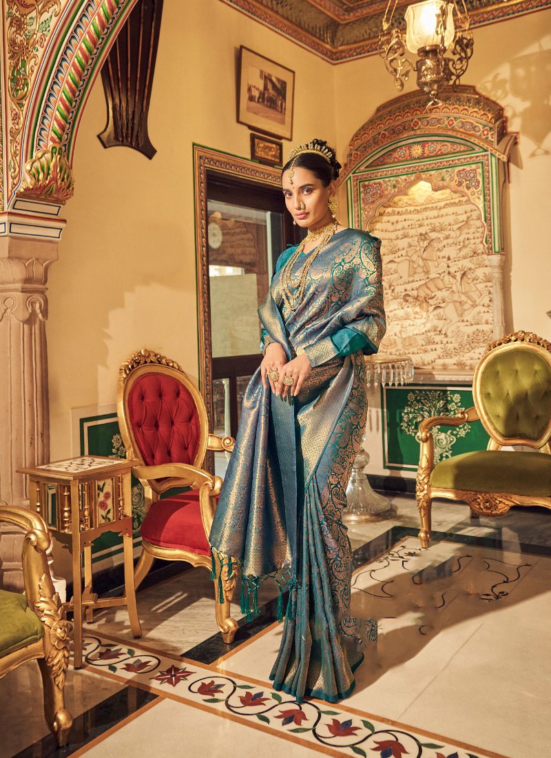 Elegant Copper Zari Embroidered Soft Silk Handloom Saree in royal blue