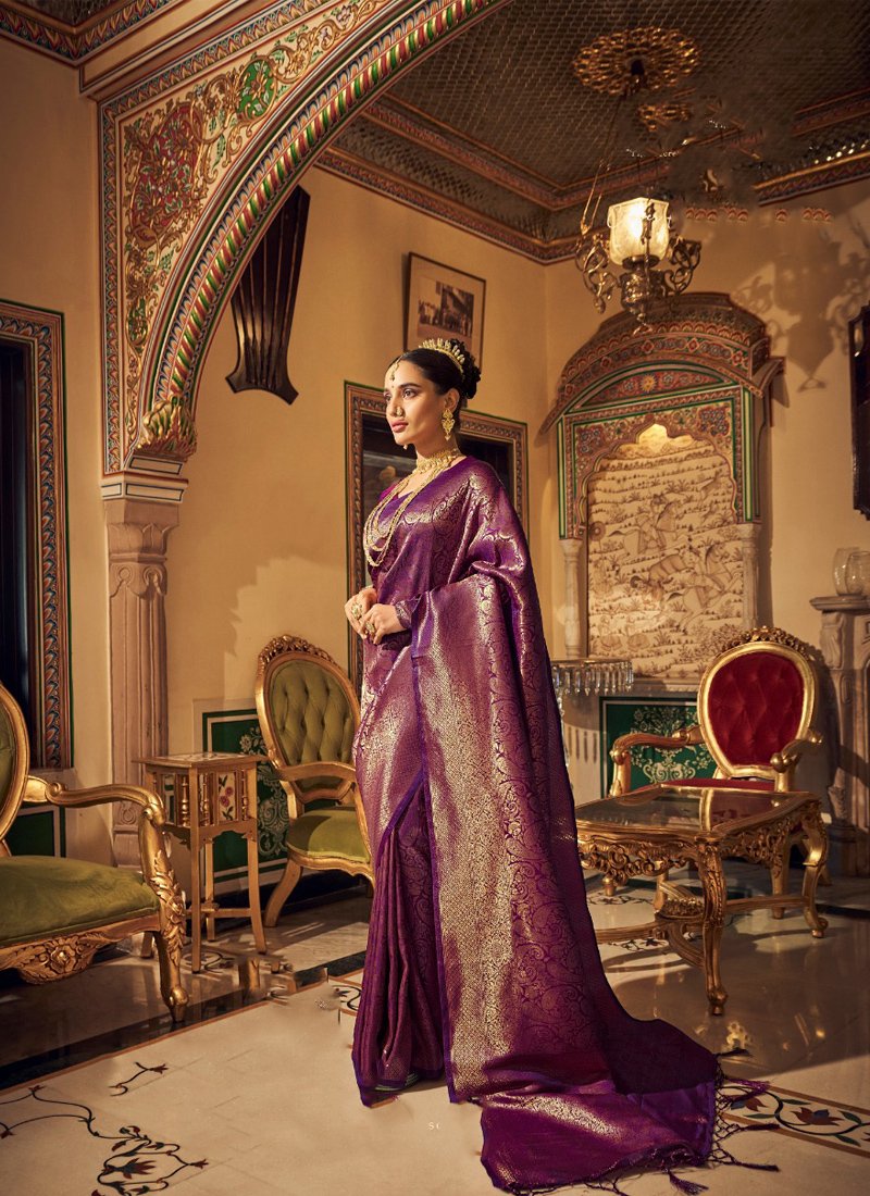 Elegant Copper Zari Embroidered Soft Silk Handloom Saree in dark purple