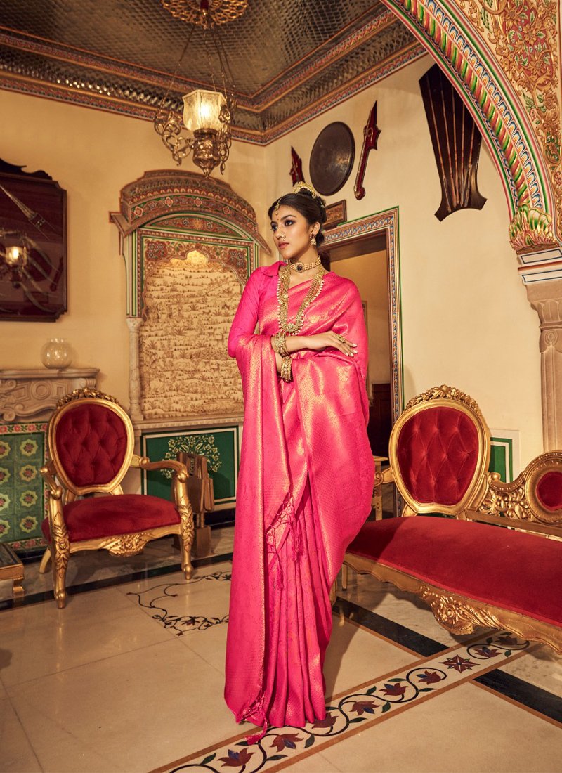 Elegant Copper Zari Embroidered Soft Silk Handloom Saree in pink