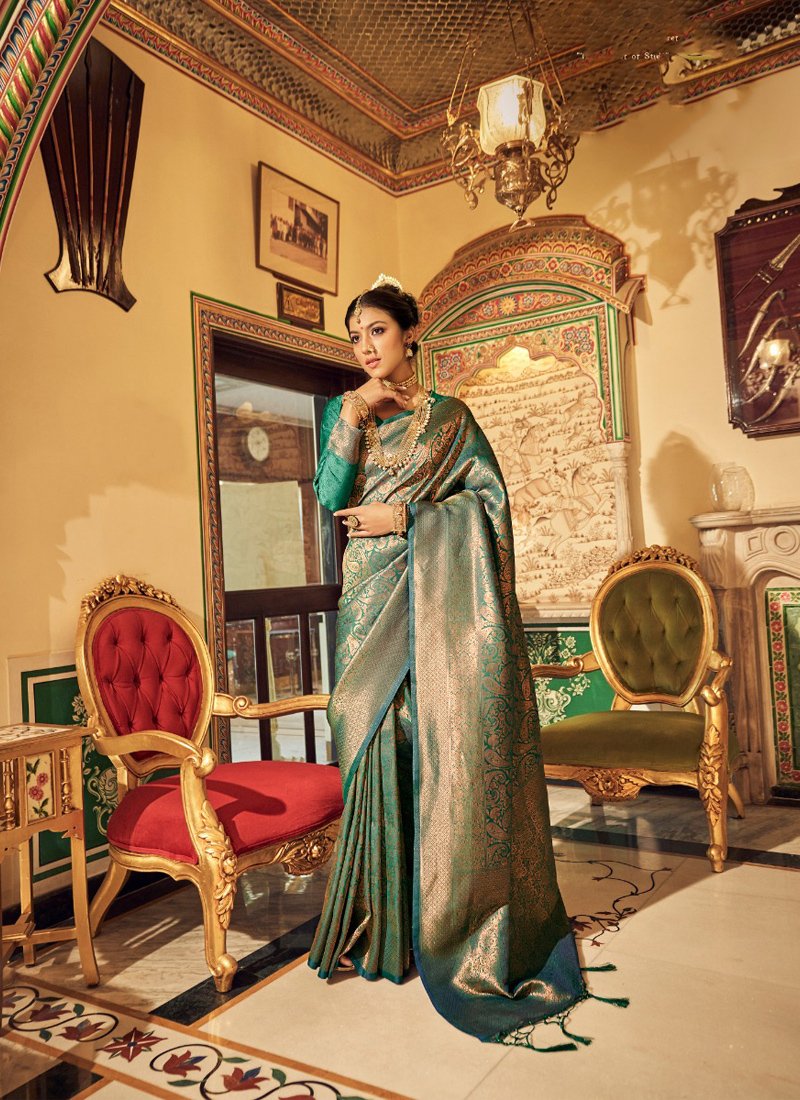 Elegant Copper Zari Embroidered Soft Silk Handloom Saree in dark green