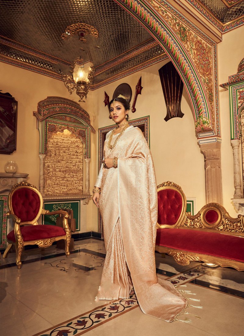 Elegant Copper Zari Embroidered Soft Silk Handloom Saree in cream