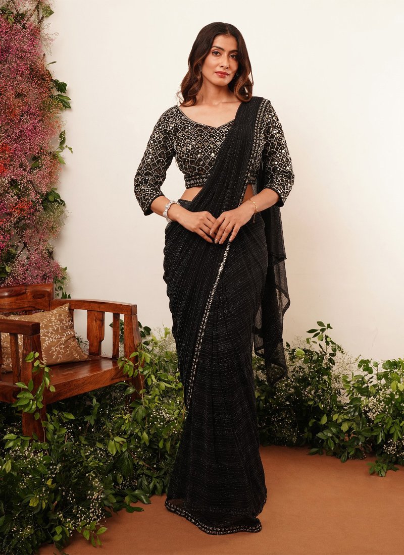 Sequin and Mirror embroidered Lycra black Saree with quarter Sleeves Blouse