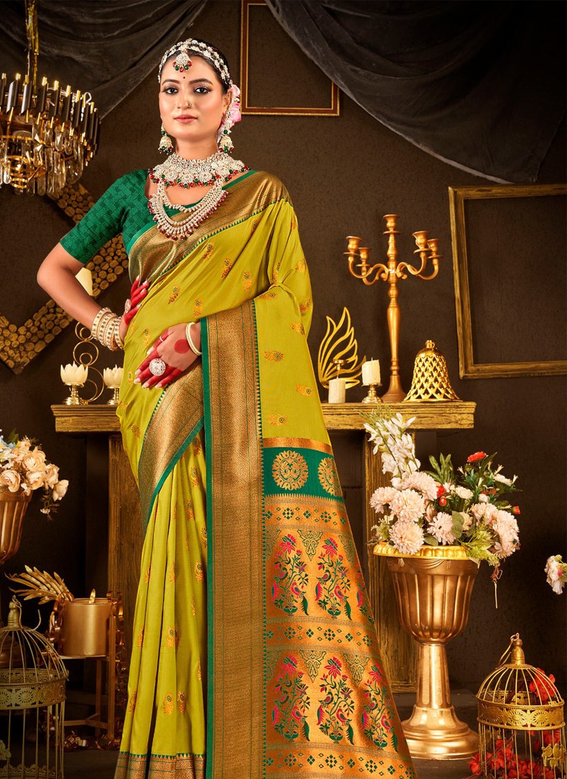 Exquisite Pure Silk Saree with Paithani Swarovski Work in light green