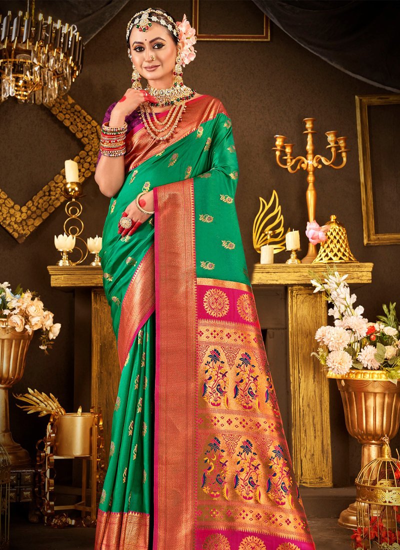 Exquisite Pure Silk Saree with Paithani Swarovski Work in green