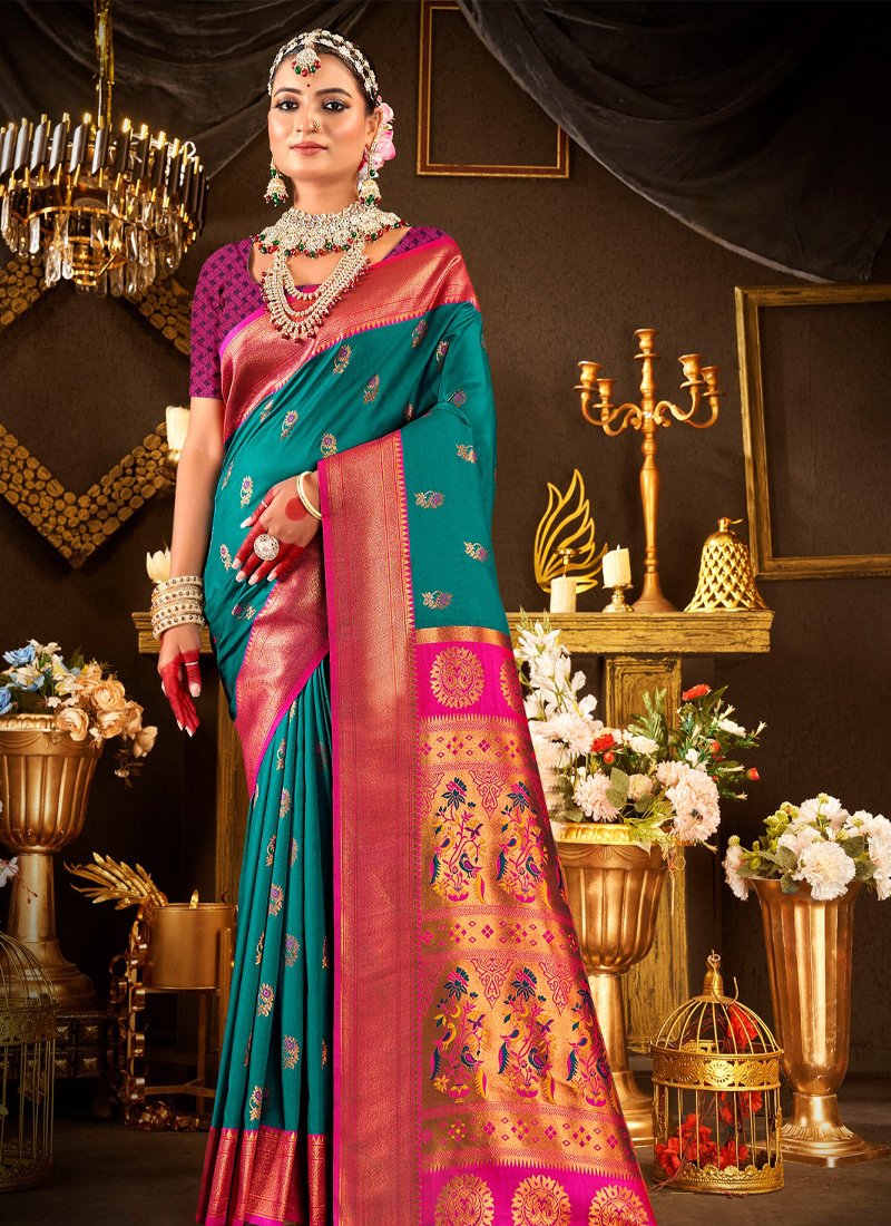 Exquisite Pure Silk Saree with Paithani Swarovski Work in royal blue