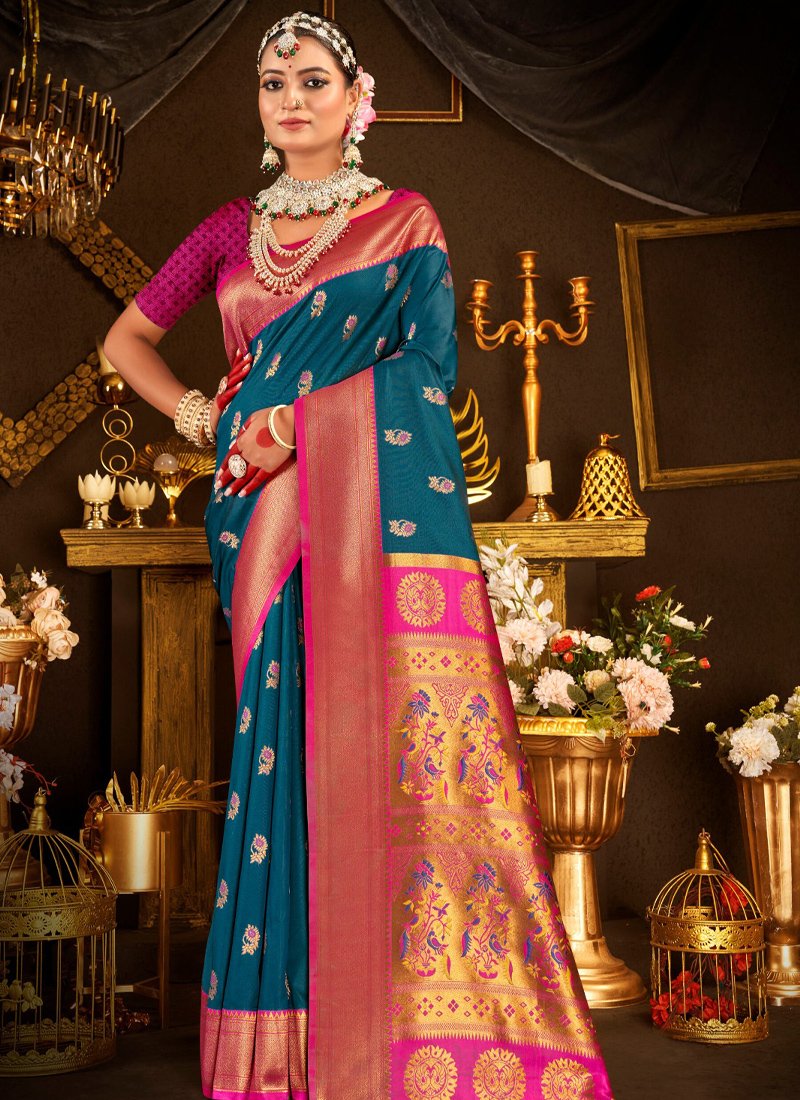 Exquisite Pure Silk Saree with Paithani Swarovski Work in dark blue