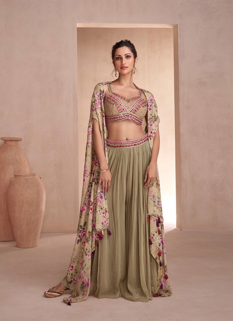 Heavy Embroidered Crop Top and Palazzo with Long Printed Shrug in beige