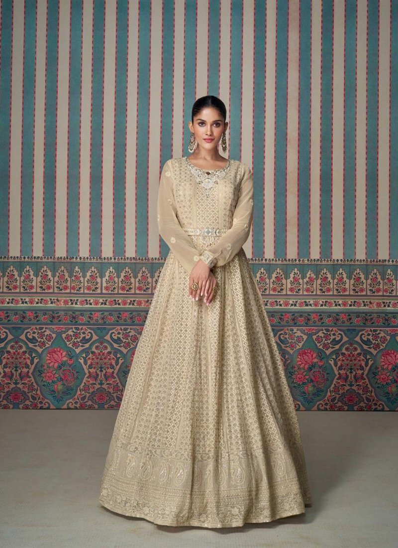 Beautifully embroidered real georgette gown in cream