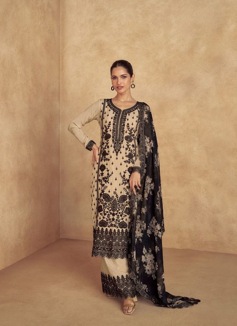 Exquisite thread embroidered chinon silk kurta palazzo suit in cream