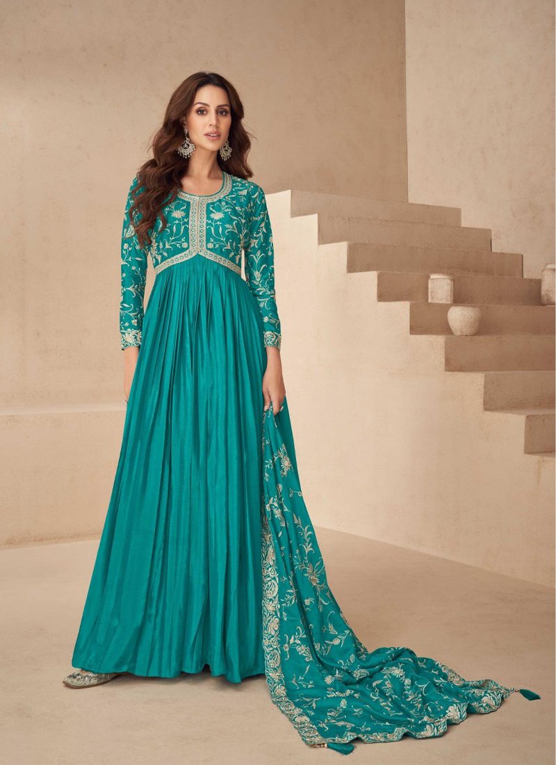 Beautifully embroidered anarkali style gown with dupatta in green