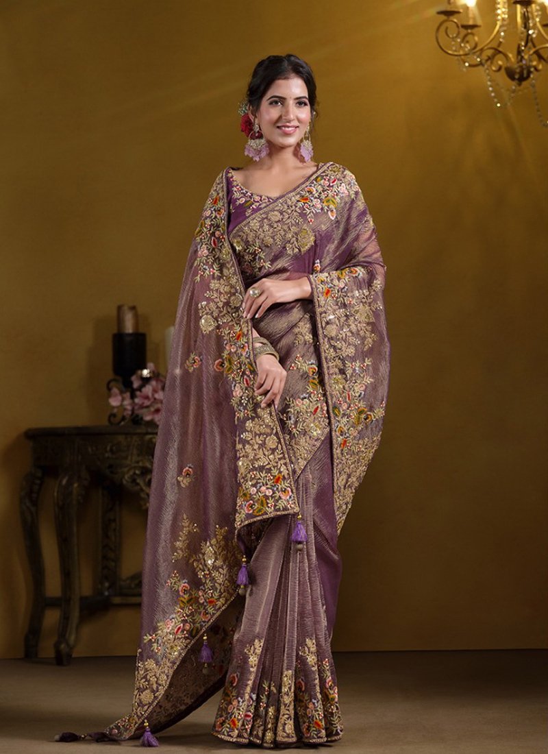 Beautiful Pure Khati Work Zari Organza Silk Saree in purple